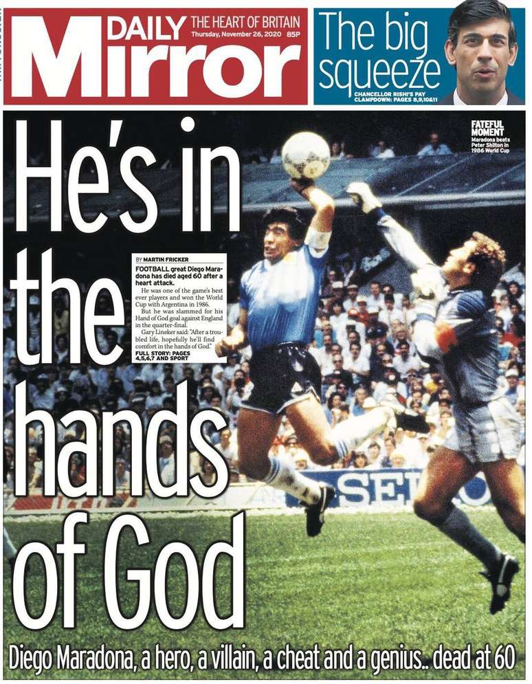 Daily Mirror afirmou que Maradona "está nas mãos de Deus".