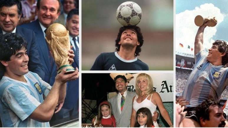 Diego Maradona - exibindo o troféu da Copa do Mundo de 1986, durante um treino, e com a ex-mulher Claudia e as filhas Dalma e Gianina