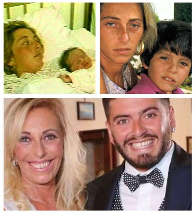 Acima, Cristiana Sinagra e Diego Junior logo após o parto e alguns anos depois; abaixo, mãe e filho em foto recente