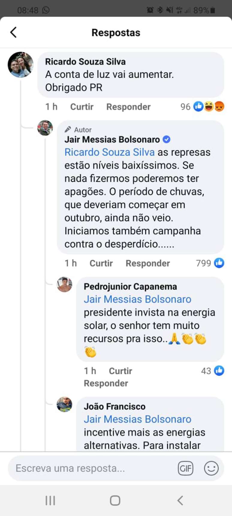 Resposta de Bolsonaro a seguidor nas redes sociais