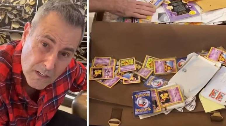 Uri Geller ao lado de cartas do pokémon Kadabra