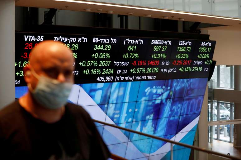 Homem usando máscara de proteção aparece à frente de painel eletrônico mostrando cotações de ações.  4/11/2020. REUTERS/Amir Cohen