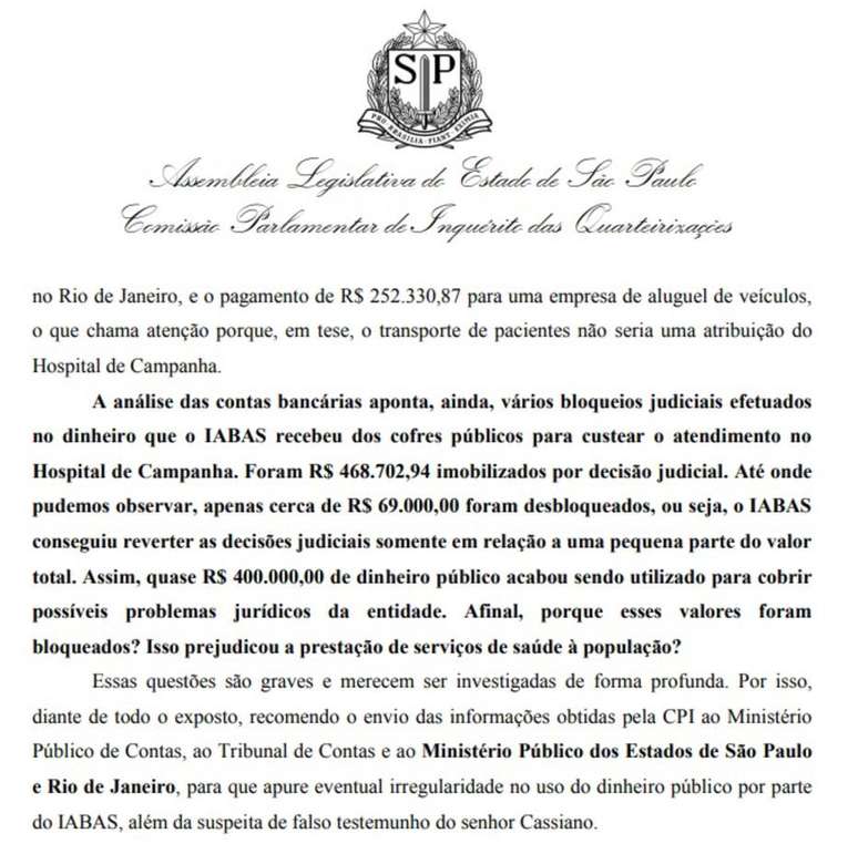 Trecho do relatório da CPI das Quarteirizações, da Alesp, mostra o uso da verba relacionada ao hospital de campanha do Anhembi