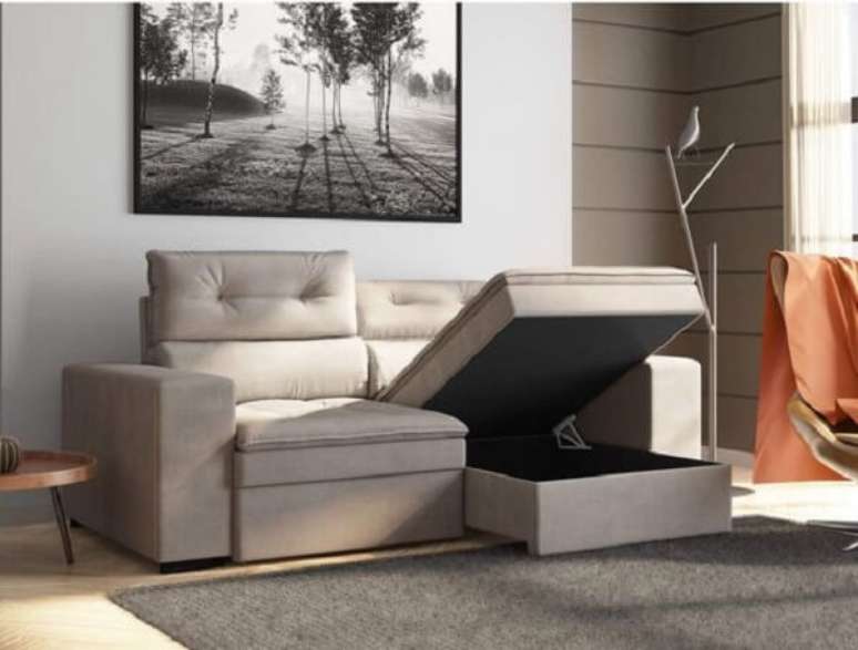 47. Sof&aacute; ba&uacute; retr&aacute;til para decora&ccedil;&atilde;o neutra. Fonte: Pinterest