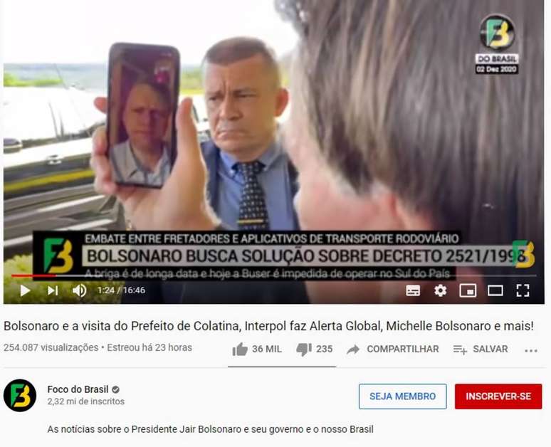 Vídeo do canal Foco do Brasil mostra o presidente Jair Bolsonaro conversando com o ministro Tarcísio Gomes de Freitas sobre aplicativos de transporte rodoviário