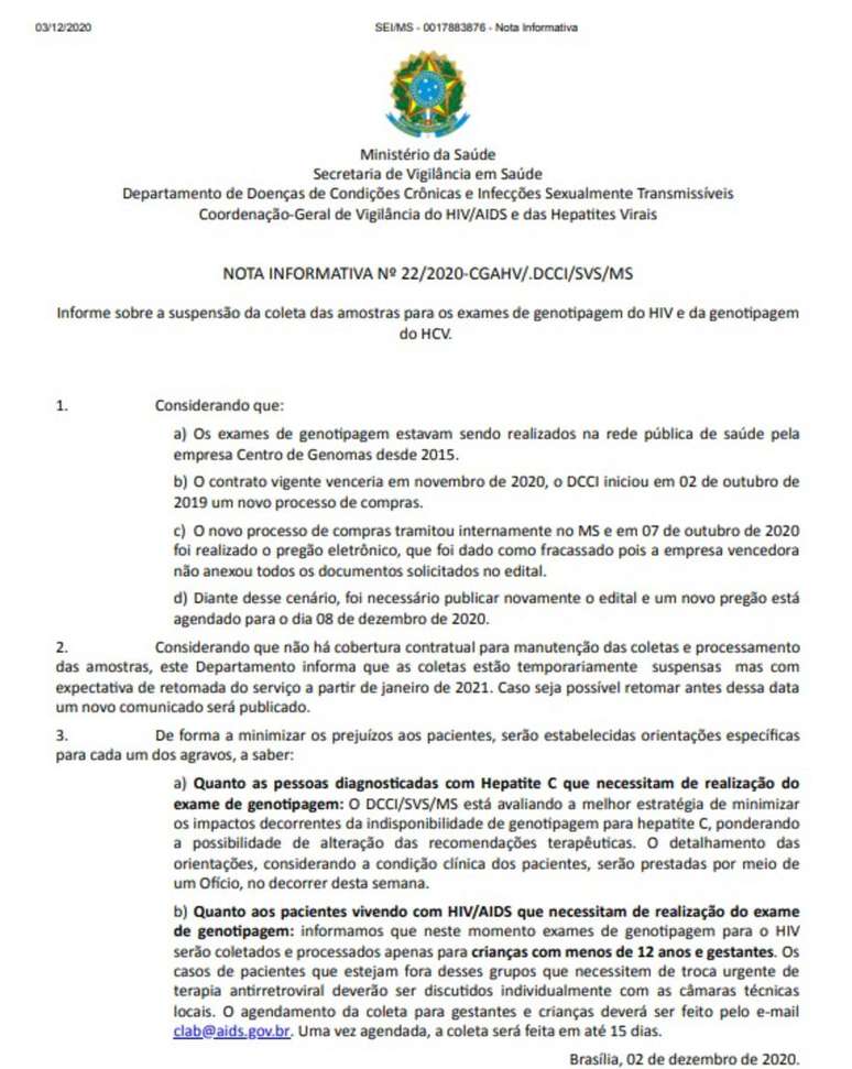 Nota do Ministério da Saúde sobre os exames.