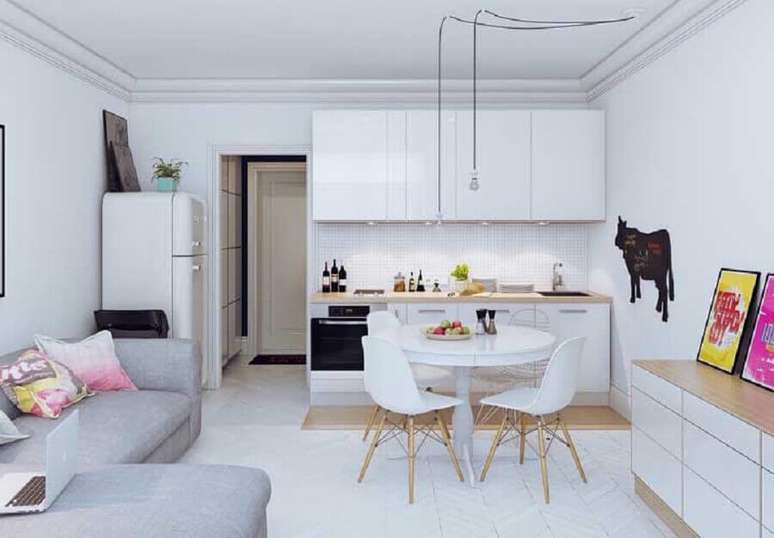 26. Cor branca para decoração de sala e cozinha integrada simples – Foto: Home Fashion Trend