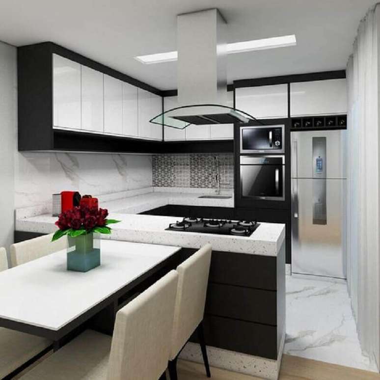 25. Decoração de cozinha preto e branco planejada em U – Foto: Pinterest