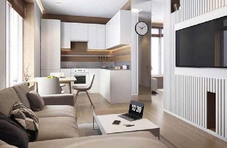 49. Casa moderna conceito aberto decorada com sala e cozinha integrada pequena – Foto: Pinterest