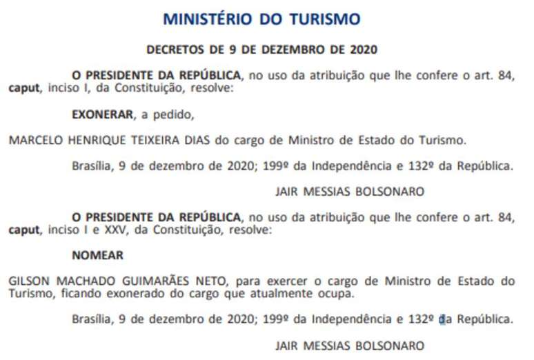 Nomeação de Gilson Machado como ministro do Turismo é publicada no Diário Oficial da União