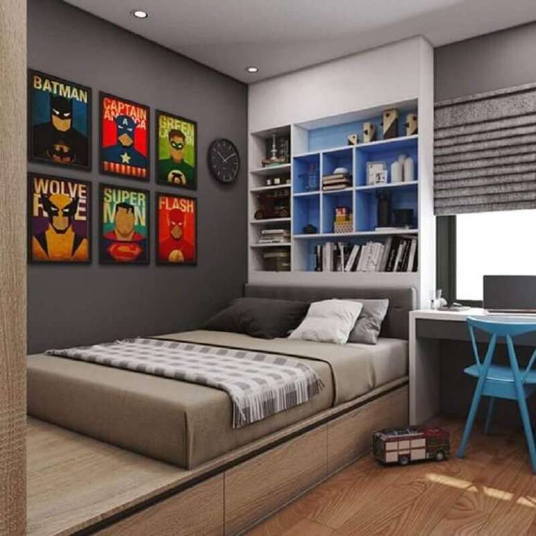 50. Quadros de super-her&oacute;is para decora&ccedil;&atilde;o de quarto de solteiro masculino jovem &ndash; Foto: Decoideas