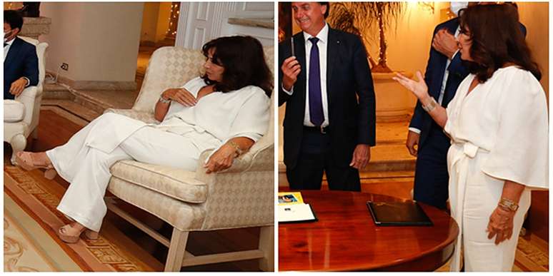 Íris Abravanel usou elegante macacão branco e joias discretas ao receber Bolsonaro e a comitiva presidencial