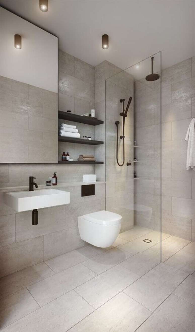 32. Decoração minimalista para banheiro cinza claro – Foto: Home Fashion Trend