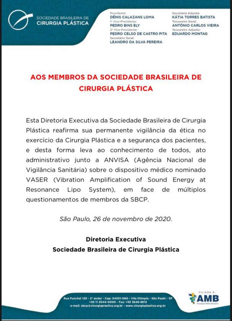 Documento enviado aos membros da SBCP no dia 26 de novembro de 2020