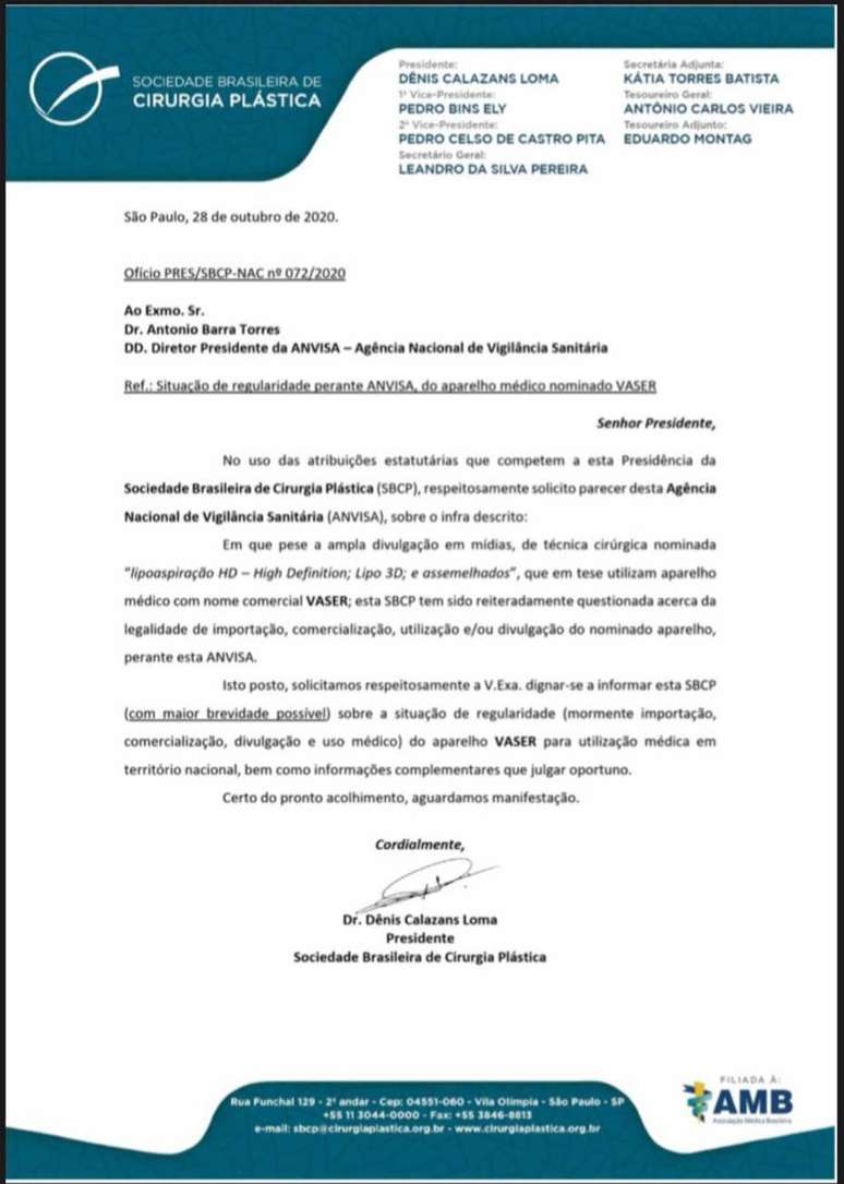 Carta enviada pelo presidente da SBCP à Anvisa no dia 28 de outubro de 2020