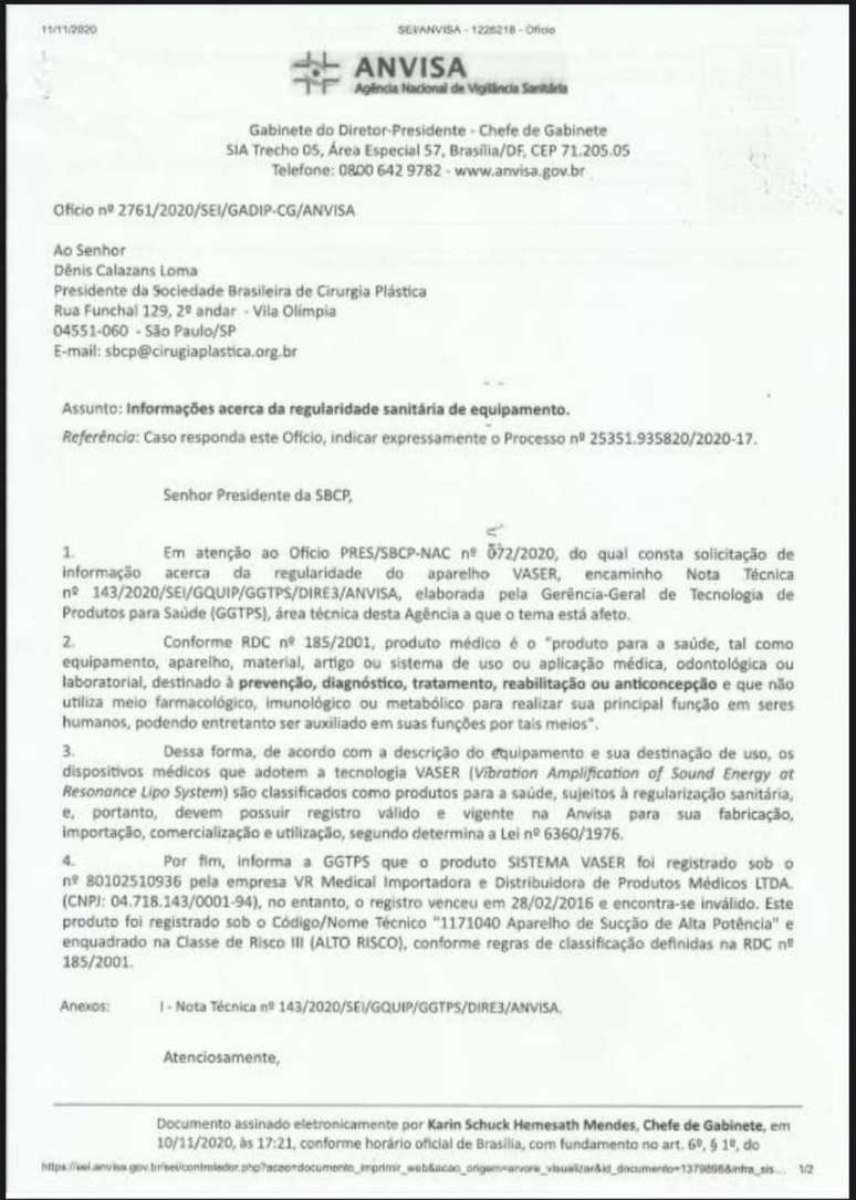 A Anvisa enviou uma Nota Técnica à SBCP no dia 11 de novembro