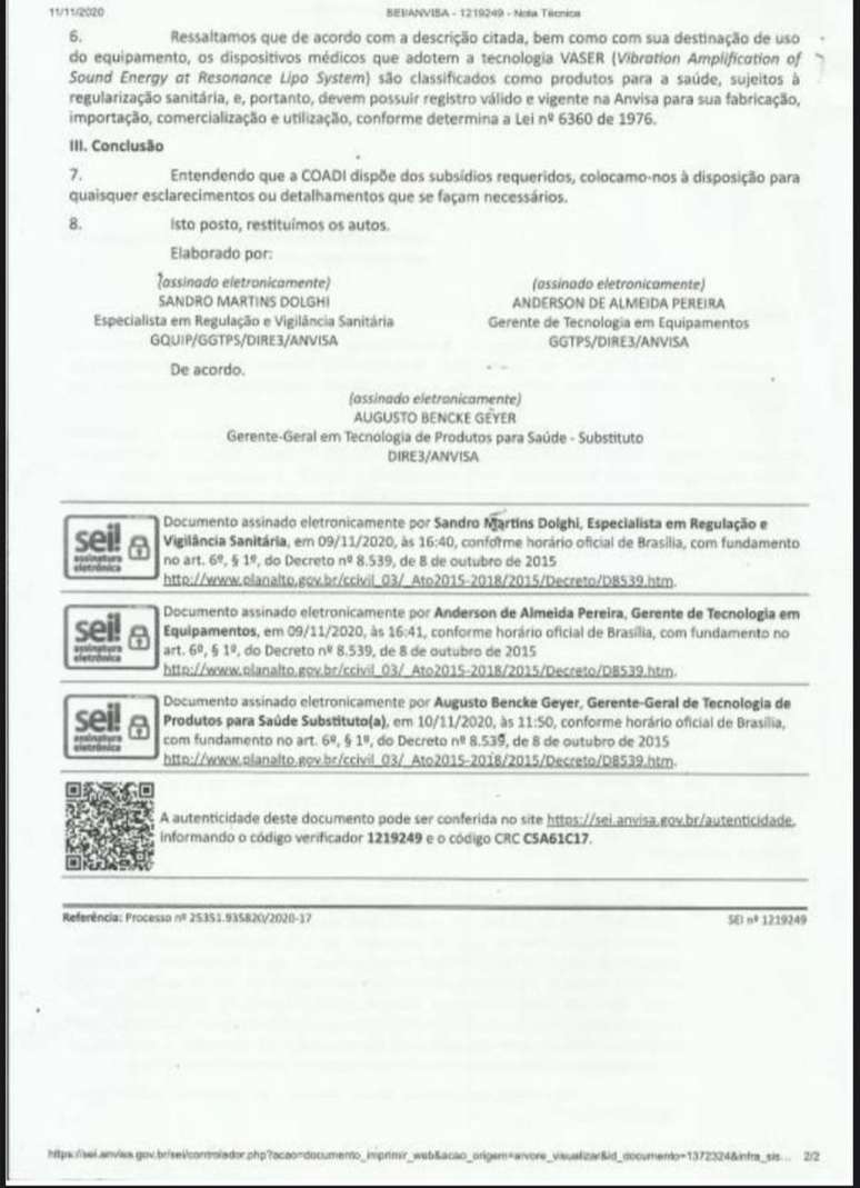A Anvisa enviou uma Nota Técnica à SBCP no dia 11 de novembro