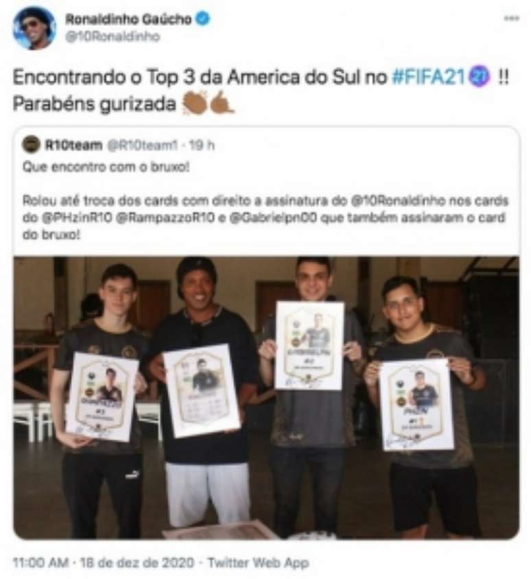 Ronaldinho compartilhou nas suas redes sociais o encontro
