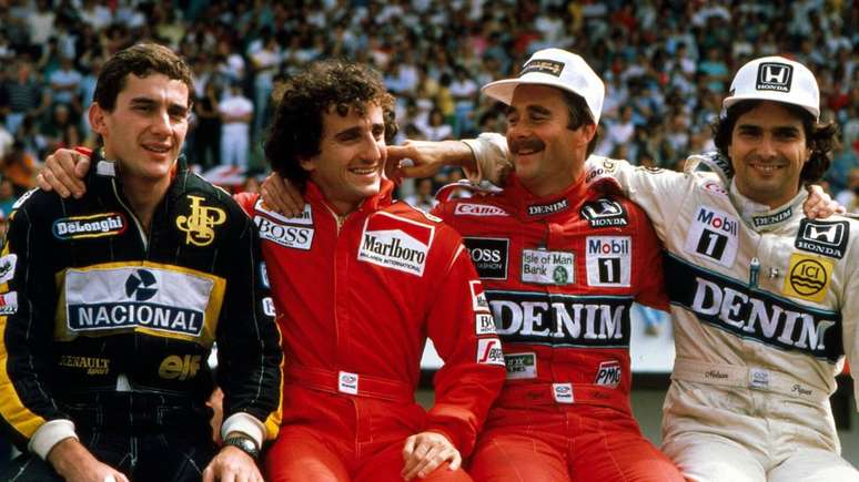 Senna, Prost, Mansell e Piquet numa foto de 1986: época de ouro da F1 foi de 1968 a 1996.