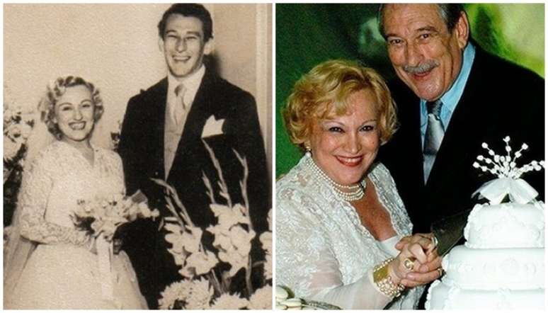 Nicette e Paulo Goulart no casamento, em 1954, e na festa das Bodas de Ouro: foram 62 anos de convivência até a morte do ator