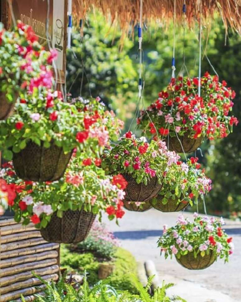 45. As flores para vasos suspensos deixam a fachada de casa alegre. Fonte: Pinterest