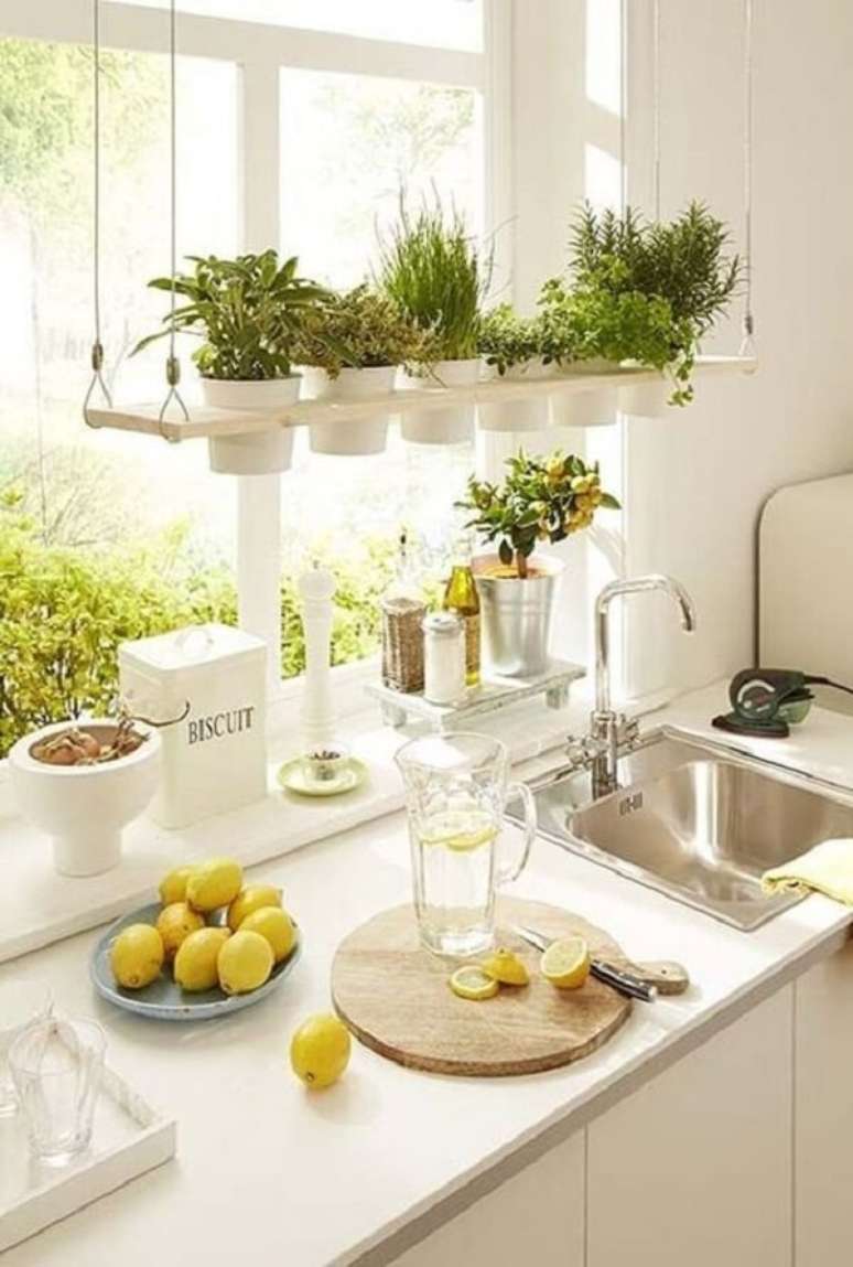 49. Vasos para horta suspensa clean traz temperos fresquinhos para cozinha. Fonte: Pinterest