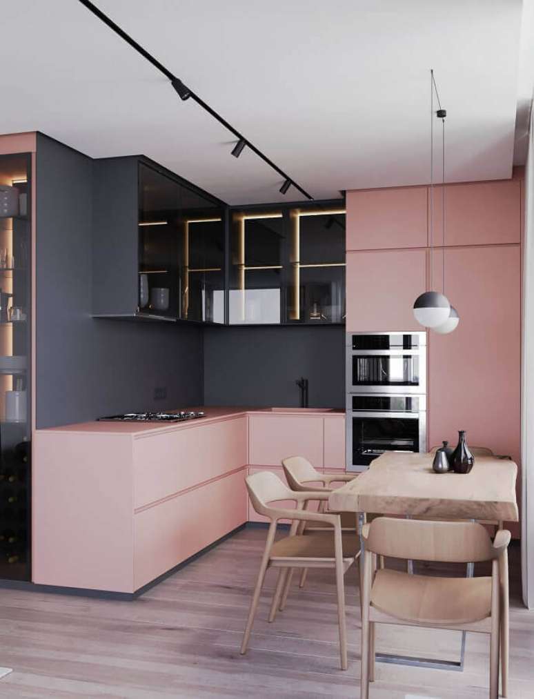30. Decoração para cozinha moderna em tons de cinza escuro e rosa pastel – Foto: Futurist Architecture