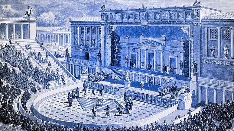 Como teria sido o Teatro de Dionísio, na encosta da Acrópole, em Atenas