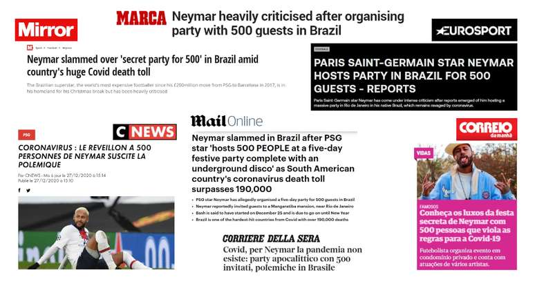 A imprensa internacional informa com espanto o evento de Ano Novo de Neymar em plena segunda onda de covid-19