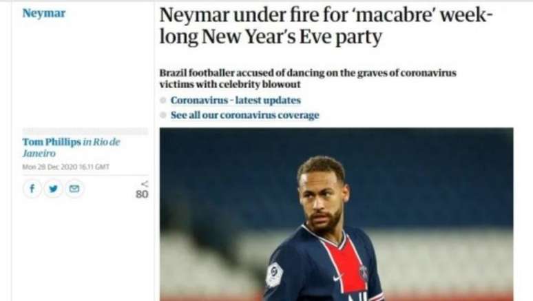 Jornal inglês The Guardian definiu festa com Neymar como 'macabra'