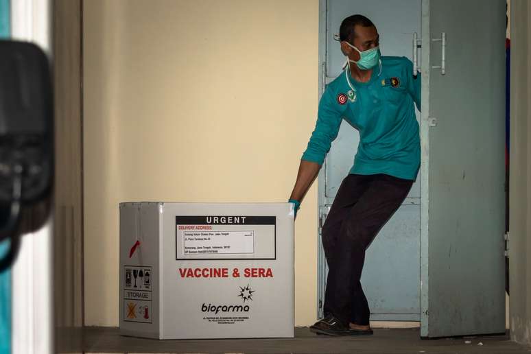 Funcionário transporta caixa com vacinas da Sinovac contra Covid-19 em Semarang, na Indonésia
04/01/2021 Antara Foto/Aji Styawani/ via REUTERS 