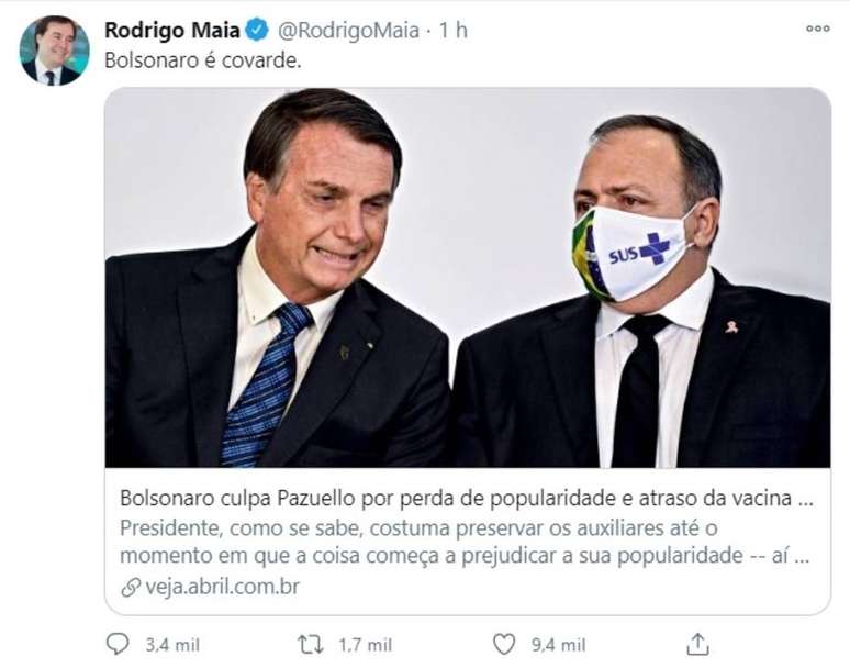 'Bolsonaro é covarde', escreveu o presidente da Câmara, Rodrigo Maia.
