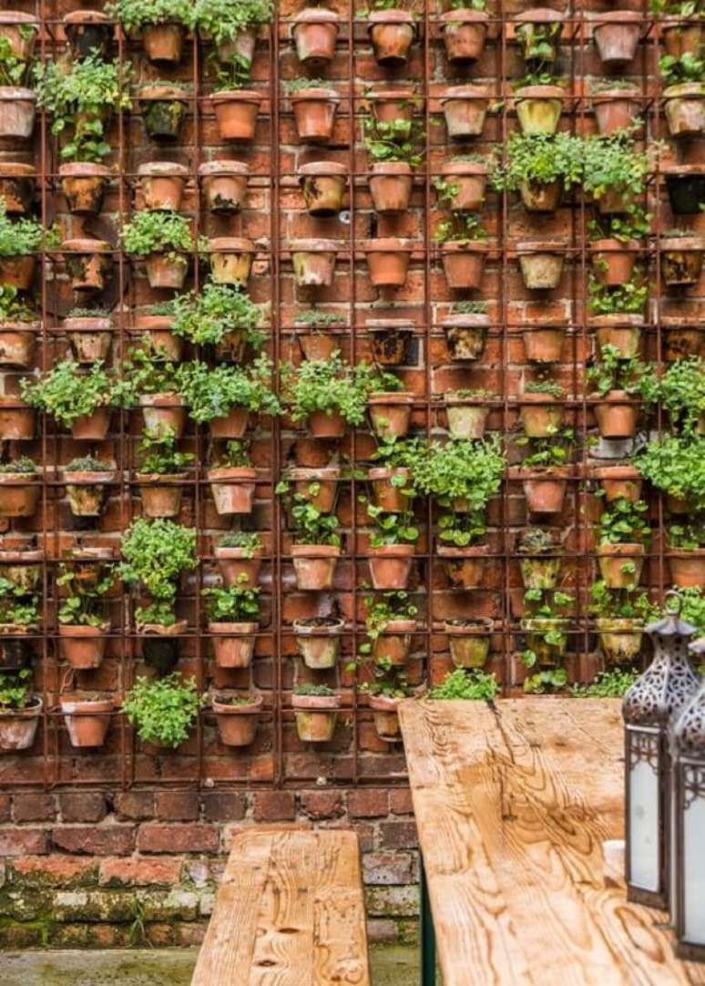 35. Muro de quintal decorado com diversos vasos de plantas. Fonte: Pinterest