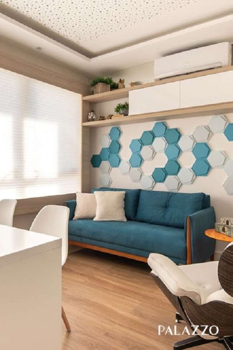 7. Revestimento azul 3D para sala de estar – Foto: Palazzo