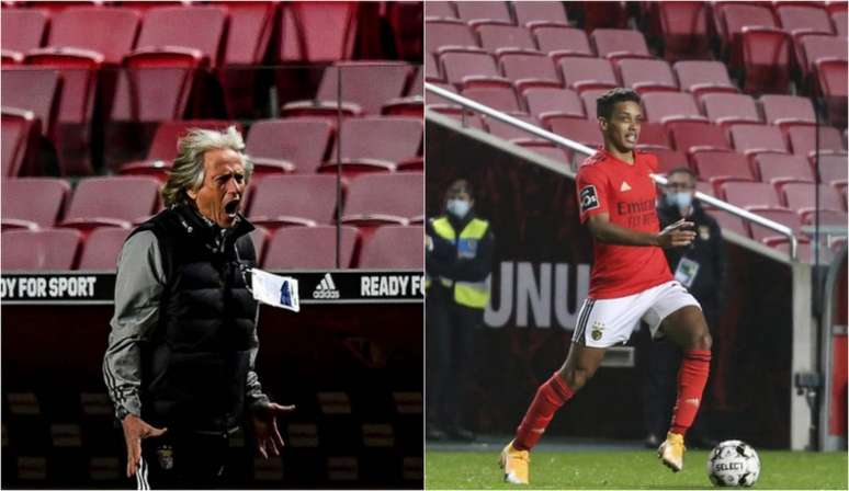 Jorge Jesus e Pedrinho chegaram ao Benfica no início da temporada (Foto: AFP; Divulgação / Benfica)