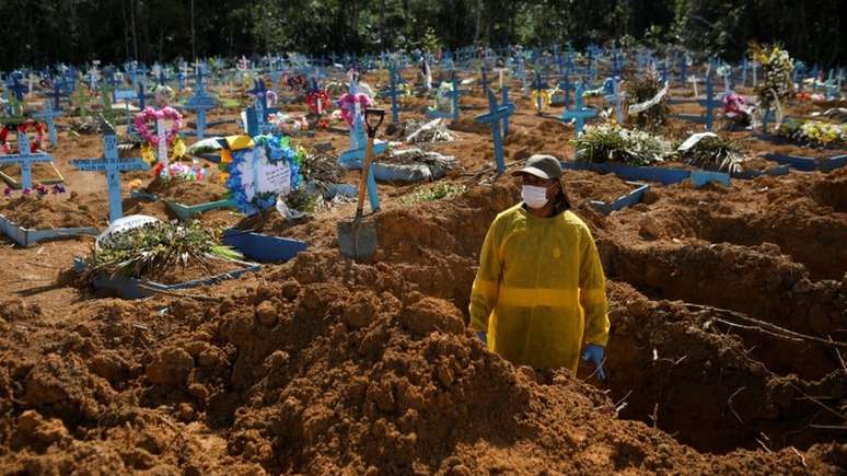 Mulher em área destinada a pessoas mortas por covid-19 em Manaus; Amazonas já teve 5,8 mil óbitos pela doença