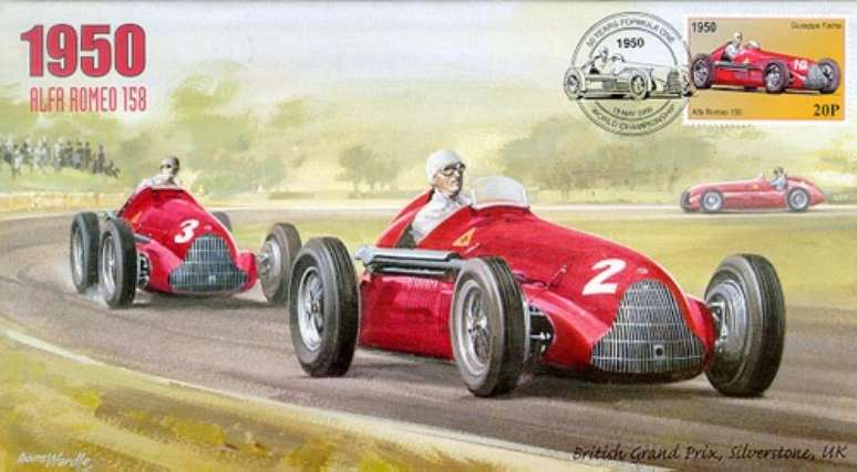 Selo comemorativo para o primeiro GP da história da Fórmula 1 trazia carros da Alfa Romeo em destaque. 