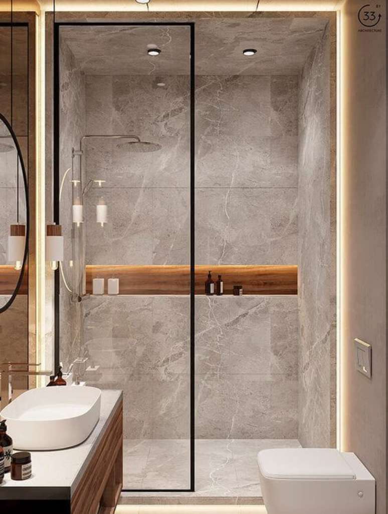 18. Banheiro sem janela decorado com cimento queimado &ndash; Via: Fashion Bubbles