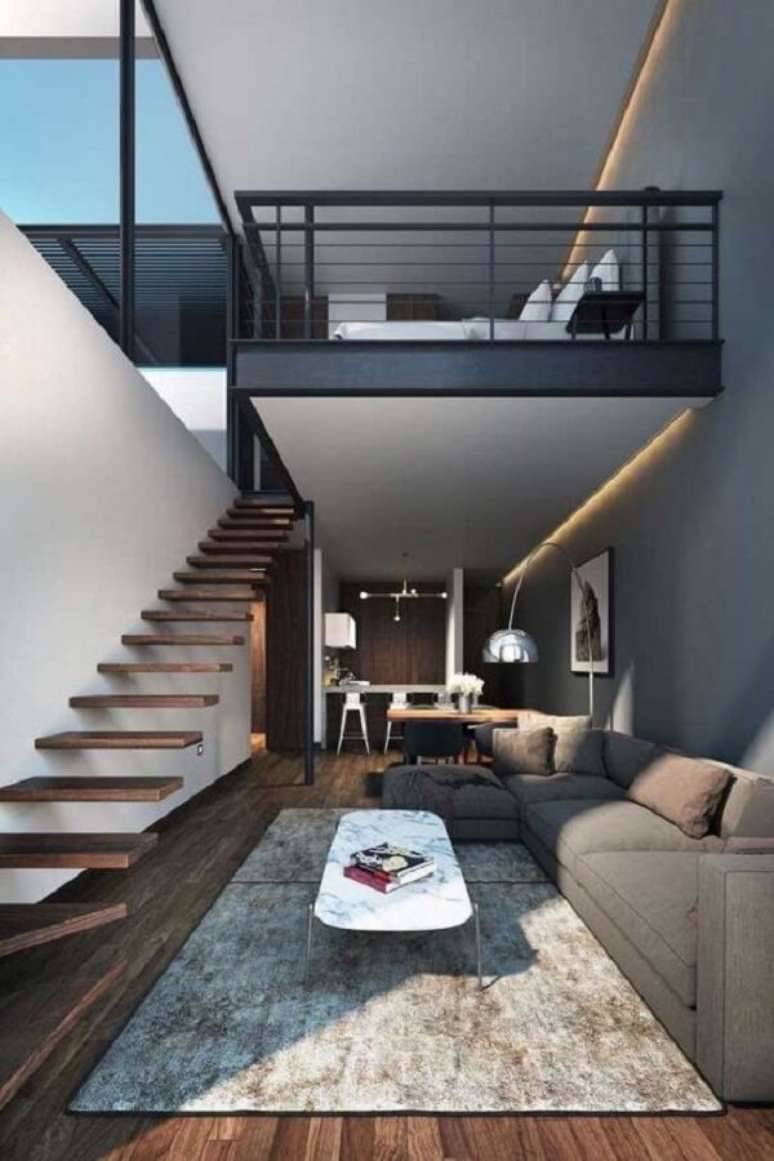 14. A escada flutuante traz sofisticação para esse projeto de casa com mezanino. Fonte: Pinterest