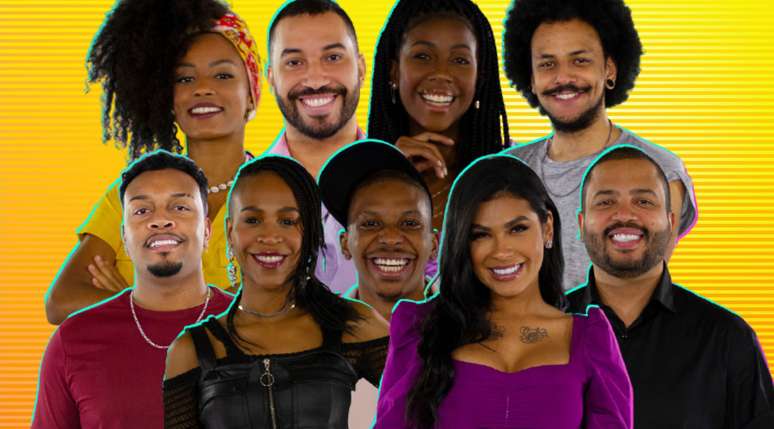 Acima, Lumena, Gilberto, Camilla e João Luiz; abaixo, Nego Di, Karol, Lucas, Pocah e Projota: representatividade inédita no ‘BBB’