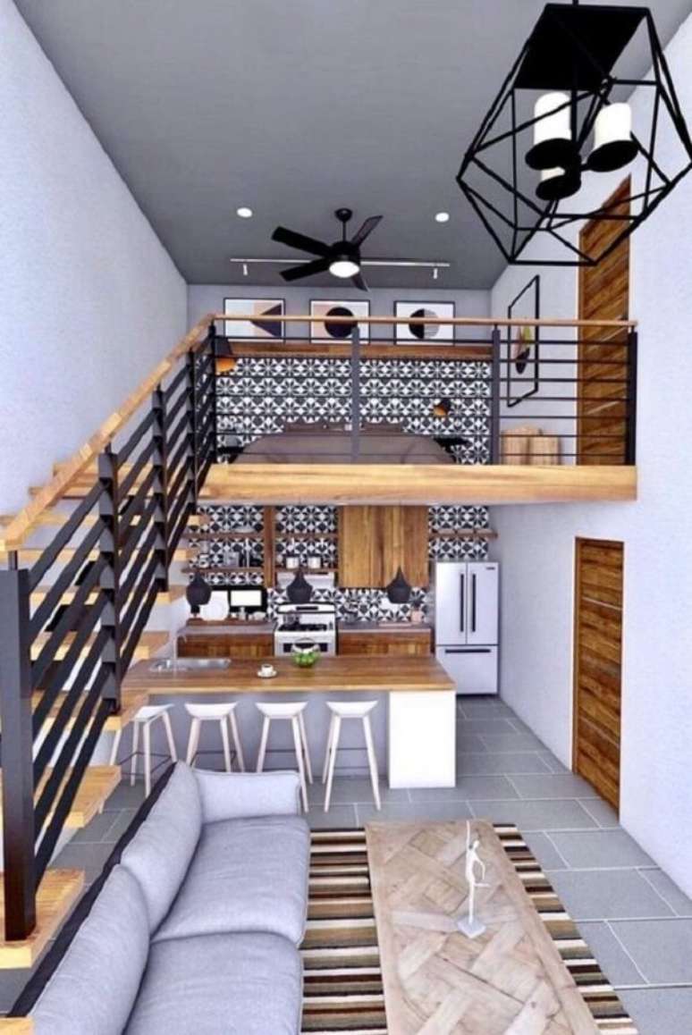 23. Casa com mezanino com decoração estilo industrial. Fonte: Pinterest