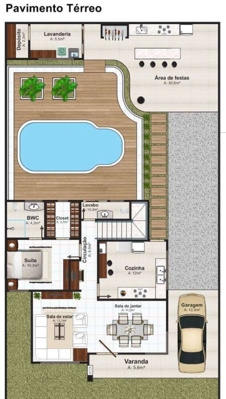 58. Planta de sobrado com piscina e varanda charmosa &ndash; Via: Pinterest