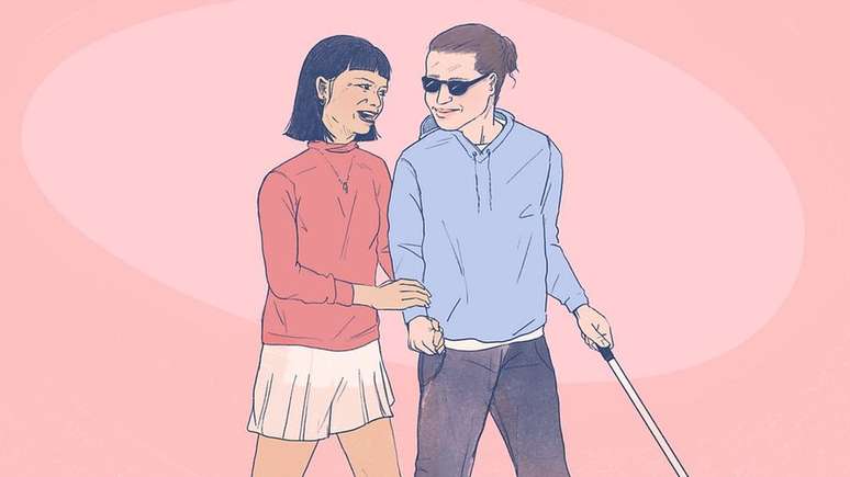 Ilustração de um casal, com um deles usando uma bengala e óculos escuros