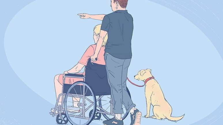 Ilustração de um casal e seu cachorro de estimação, sendo um deles na cadeira de rodas