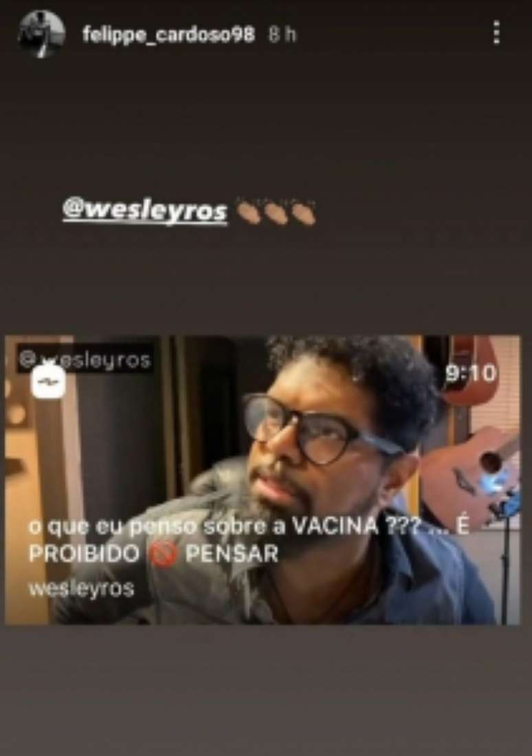 Story em que Felippe Cardoso compartilha um vídeo que questiona a vacina para a Covid-19 (Foto: Reprodução/Instagram)