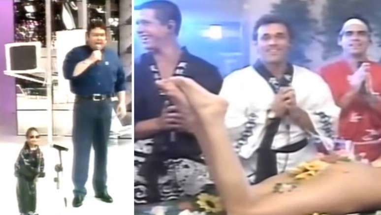 Fausto Silva ao lado de Latininho e cena do 'sushi erótico' exibida no 'Domingão do Faustão'