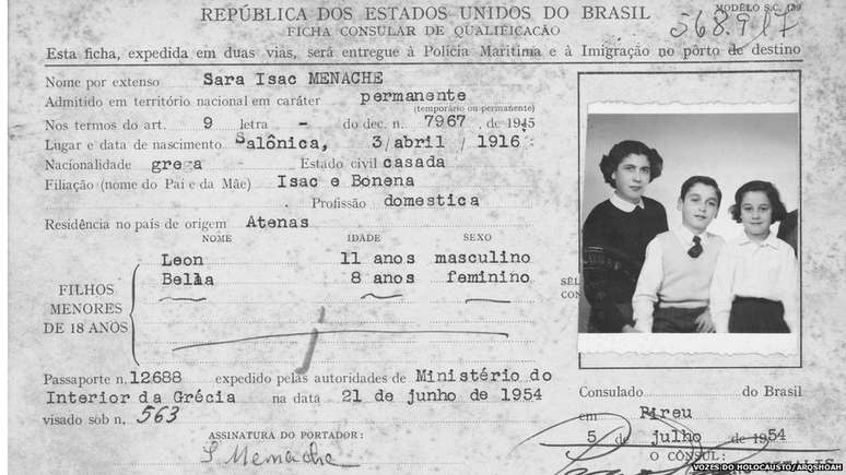 Ficha Consular de imigração de Sara Isaac Menache, emitida pelo cônsul-geral do Brasil em Pireu, em 5 de julho de 1954. Anotados como filhos menores: Leon, com 11 anos, e Bela, com 8 anos, todos com vistos permanentes