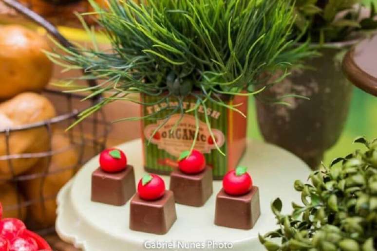 67. Docinhos decorados com frutinhas de açúcar para festa da fazendinha – Foto: Ateliê Crispim