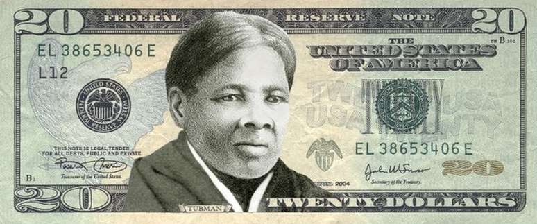 Montagem com rosto de Harriet Tubman em nota de 20 dólares