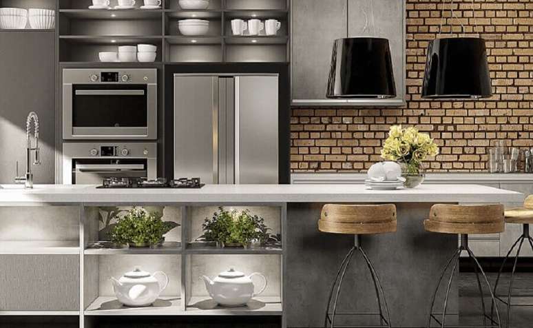 32. Decora&ccedil;&atilde;o de cozinha estilo industrial moderna com ilha &ndash; Foto Benvini Ambientes